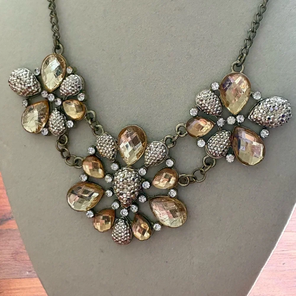 Statement Cluster Floral Necklace Bronze Tone Amber Crystals